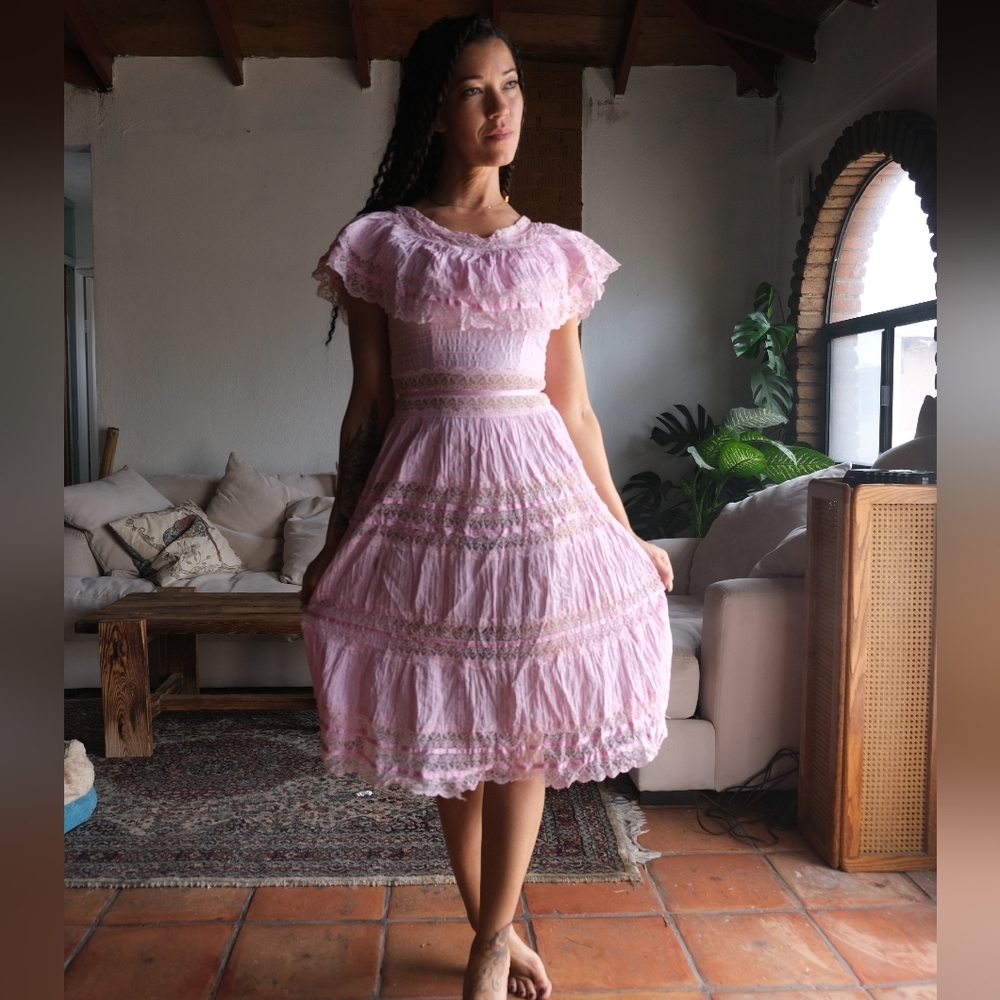 Vintage Mexican Inspired Pink Frilly See Through Dress